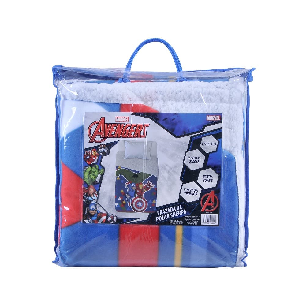 empaque de la Frazada Polar Sherpa 150x200 diseño de Avengers capitan america y Ironman Mashini