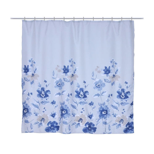 cortina de baño blanca con diseño de flores azules mashini