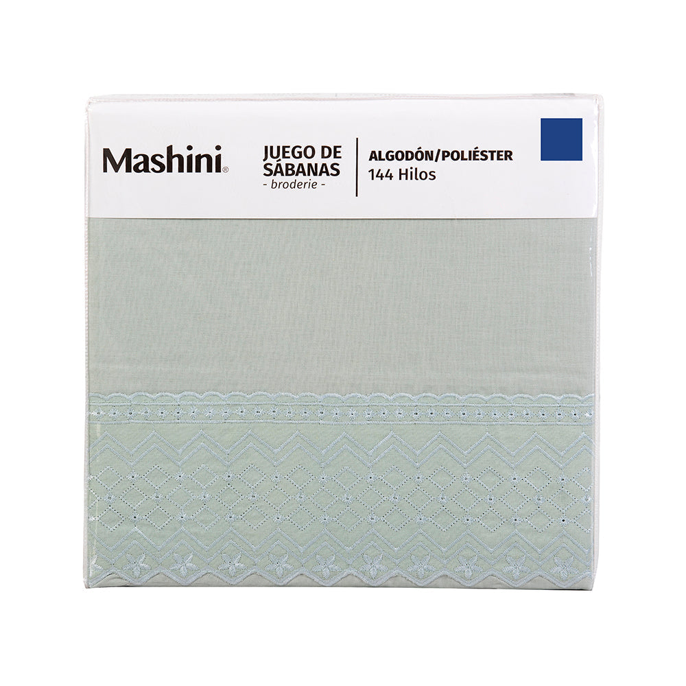 Sábana 1.5 Plazas 144 Hilos Broderie Geo Verde