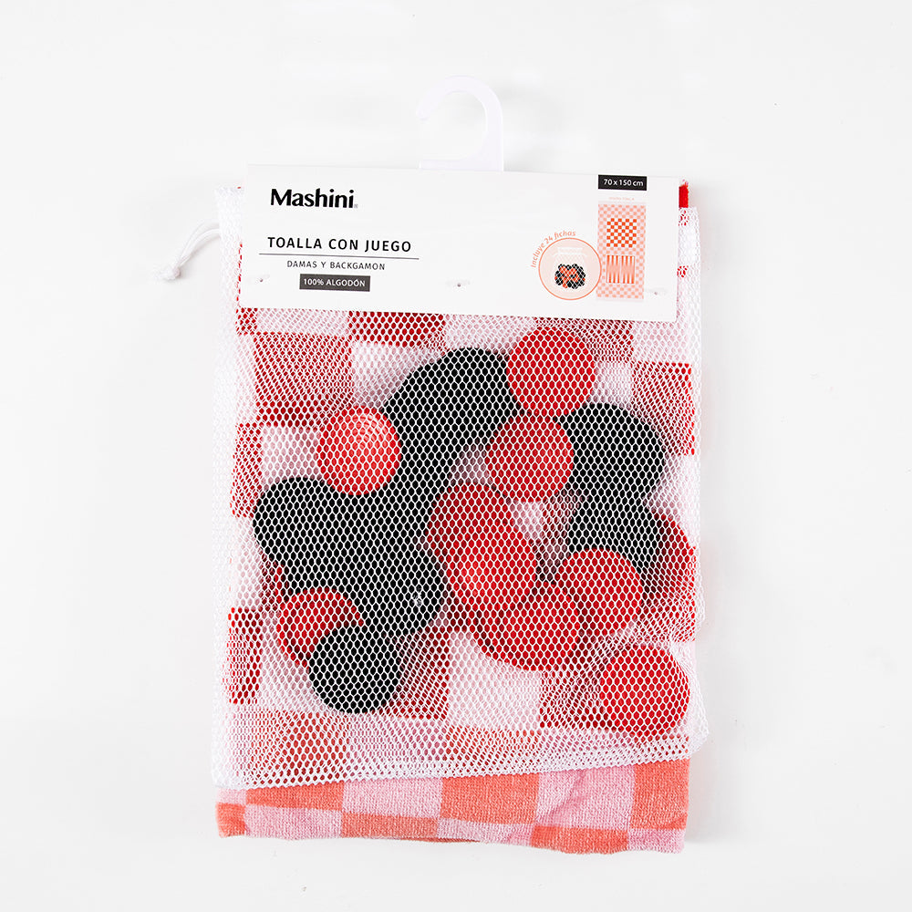 Toalla Playa Juego Dama o Backgammon 70x150 cm Rosado