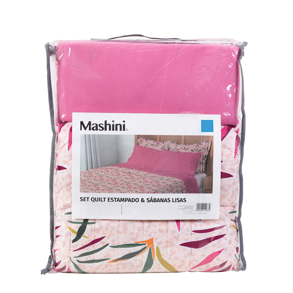 Set Quilt Cordoba Estampado + Sábanas 2 Plazas Microfibra Acai