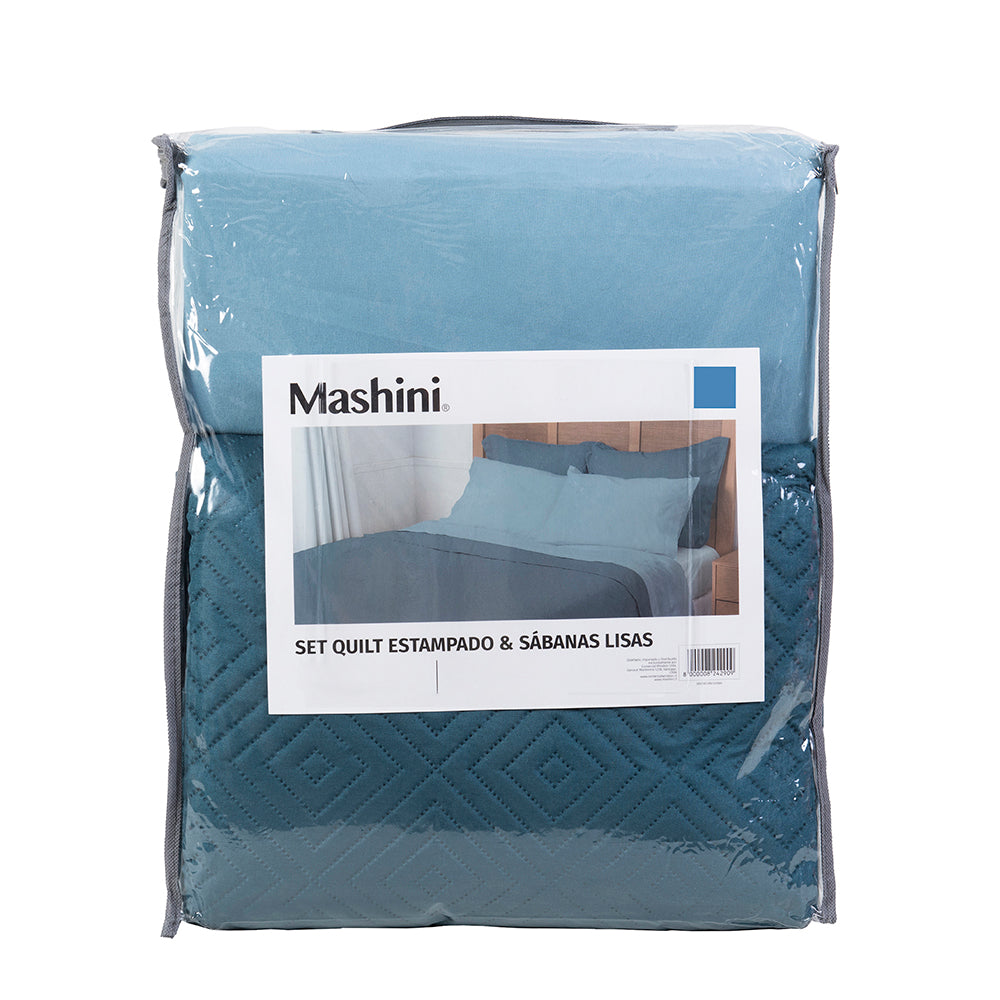 Set Quilt Cordoba + Sábanas 1.5 Plazas Microfibra Azul