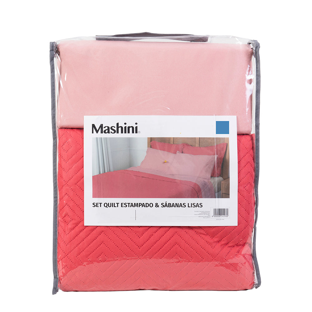 Set Quilt Cordoba + Sábanas 1.5 Plazas Microfibra Coral