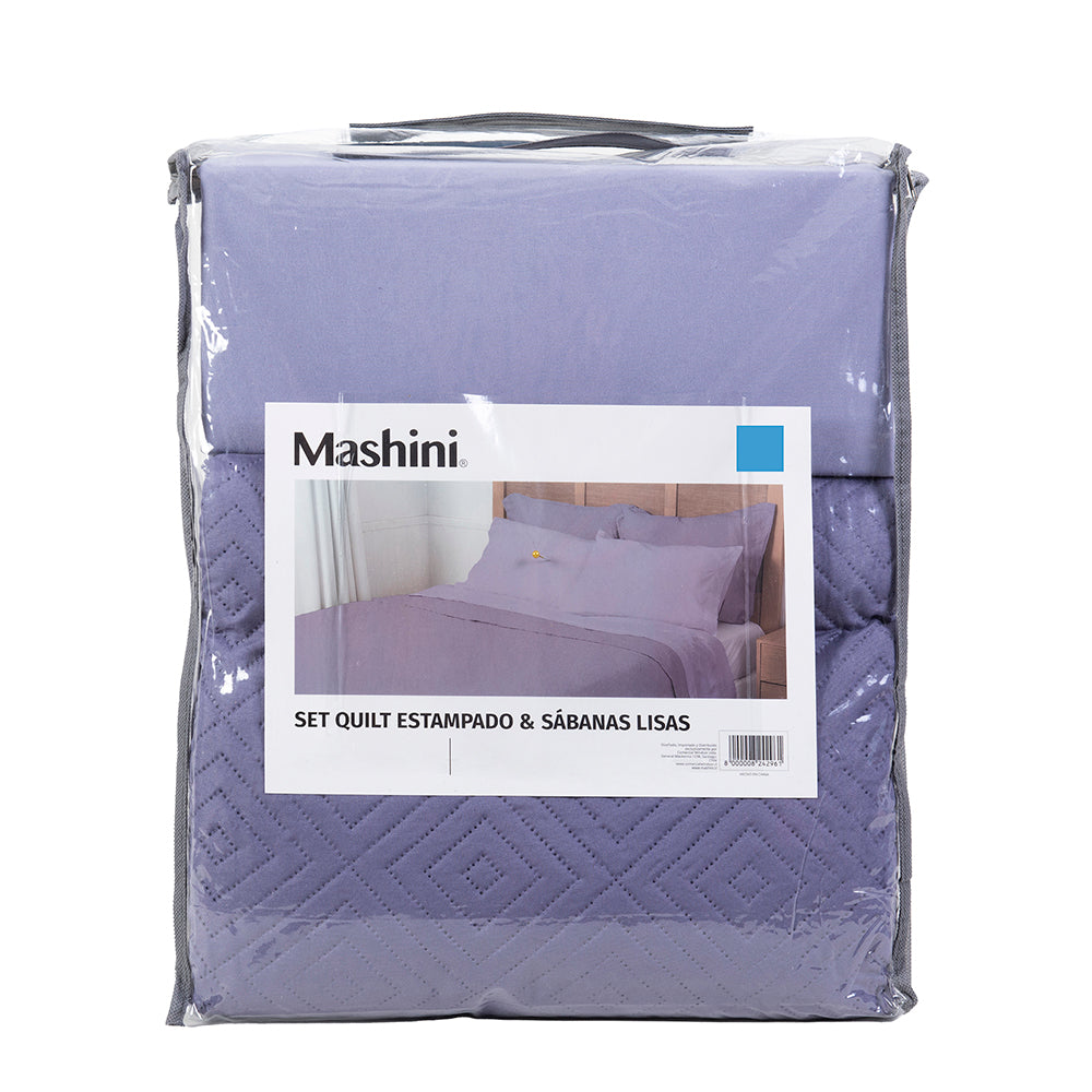 Set Quilt Cordoba + Sábanas 2 Plazas Microfibra Morado