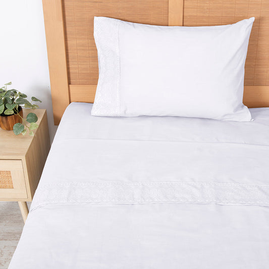 Sábana 1.5 Plazas 144 Hilos Broderie Geo Blanco