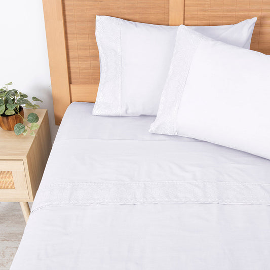 Sábana King 144 Hilos Broderie Geo Blanco