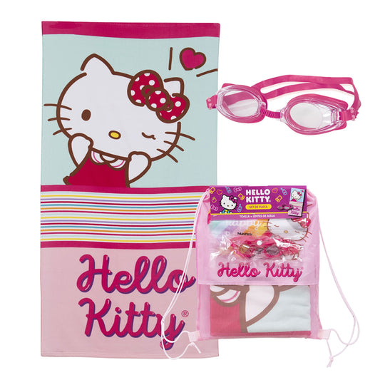 Set Toalla, Lentes de Agua y Bolso Hello Kitty Raya