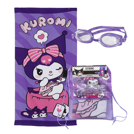 Set Toalla, Lentes de Agua y Bolso Kuromi Mora
