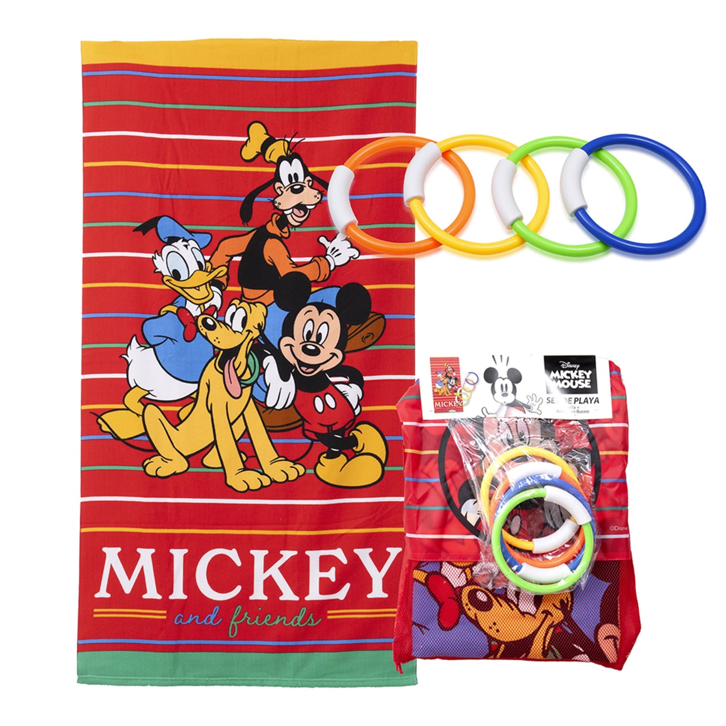 Set Toalla 70x140 cm + 4 Anillos de Buceo Mickey Friends