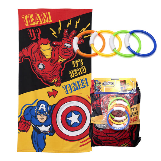 Set Toalla 70x140 cm + 4 Anillos de Buceo Avengers Here