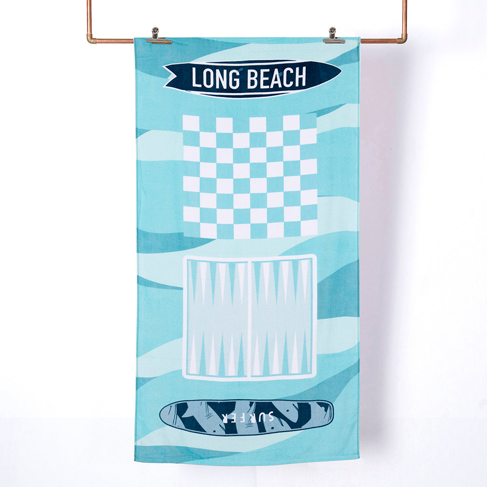 Toalla Playa Juego Dama o Backgammon 70x150 cm Celeste