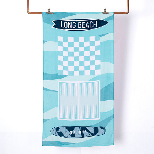 Toalla Playa Juego Dama o Backgammon 70x150 cm Celeste