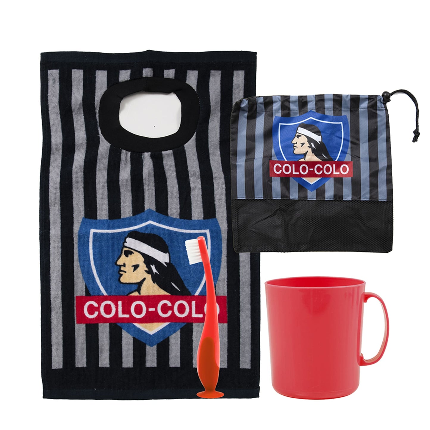 Set Toalla 30x50 cm, Cepillo Dental, Taza y Bolso Colo-Colo Negro