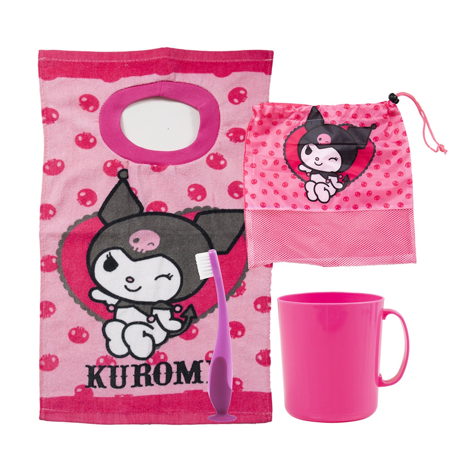 Set Toalla 30x50 cm, Cepillo Dental, Taza y Bolso Kuromi Corazón