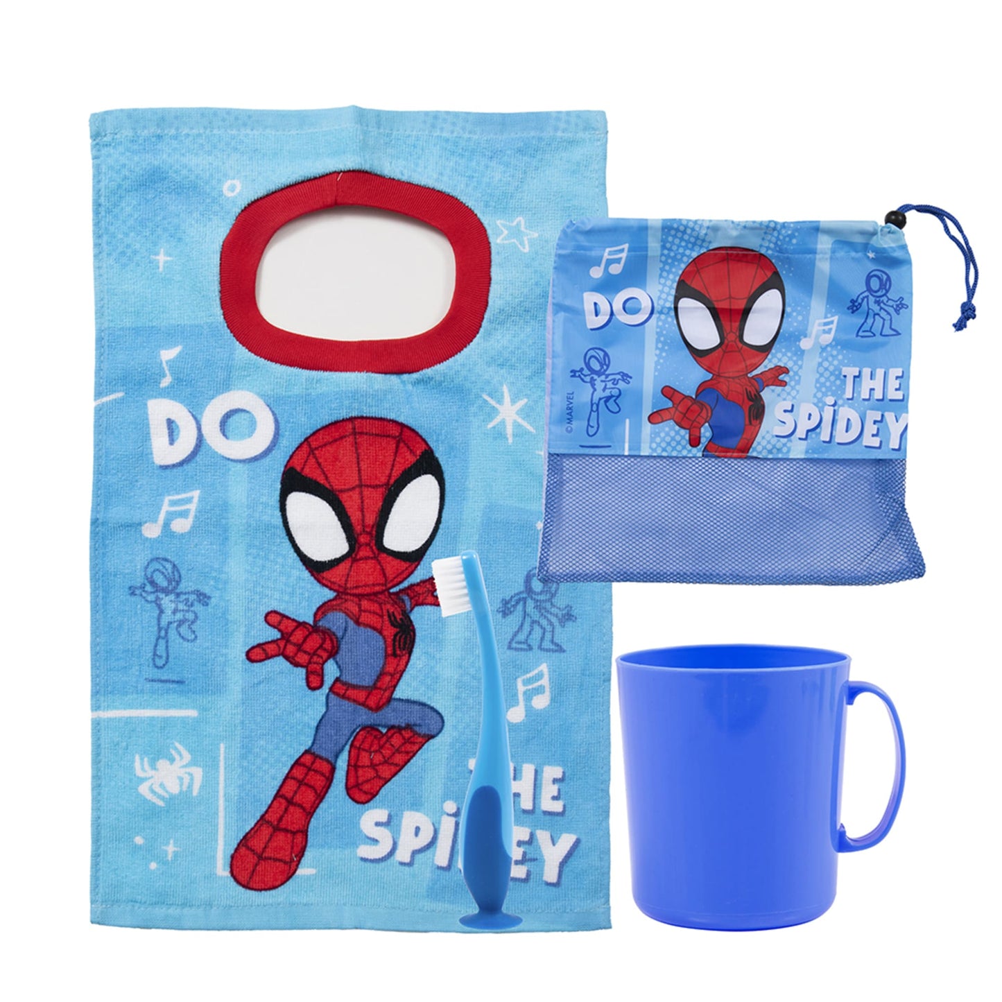 Set Toalla 30x50 cm, Cepillo Dental, Taza y Bolso Spidey Amaze
