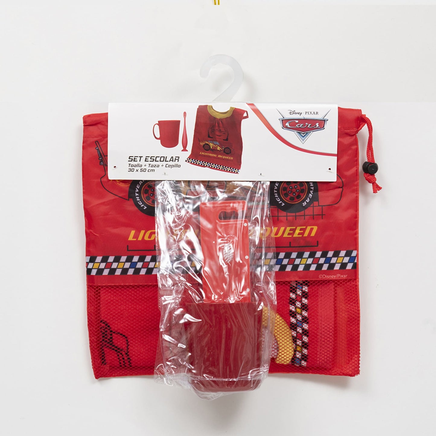 Set Toalla 30x50 cm, Cepillo Dental, Taza y Bolso Cars Race