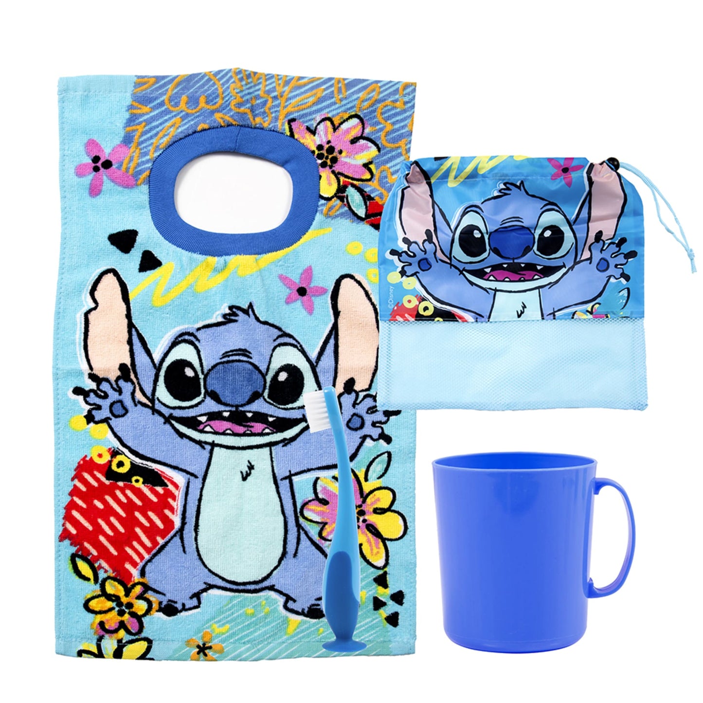 Set Toalla 30x50 cm, Cepillo Dental, Taza y Bolso Stitch Hawaii