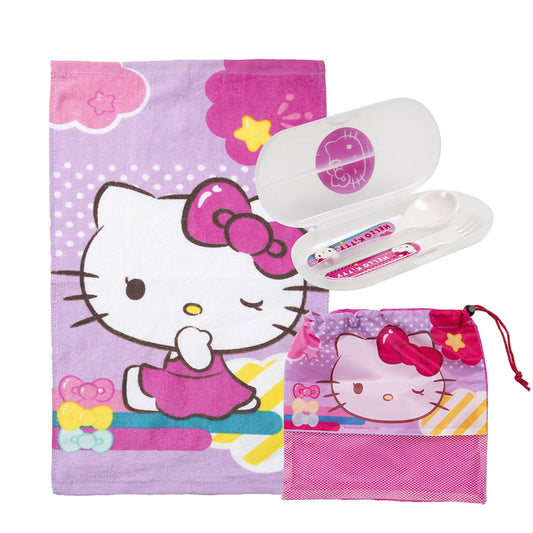 Set Toalla 30x50 cm, Cubiertos y Bolso Hello Kitty Cintas