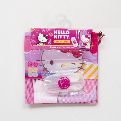 Set Toalla 30x50 cm, Cubiertos y Bolso Hello Kitty Cintas
