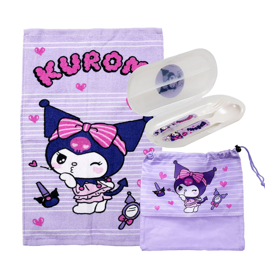 Set Toalla 30x50 cm, Cubiertos y Bolso Kuromi Espejo