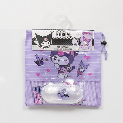 Set Toalla 30x50 cm, Cubiertos y Bolso Kuromi Espejo