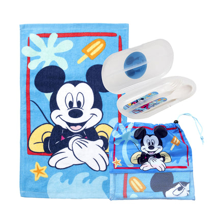 Set Toalla 30x50 cm, Cubiertos y Bolso Mickey Feliz