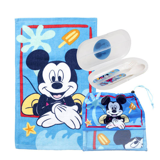 Set Toalla 30x50 cm, Cubiertos y Bolso Mickey Feliz
