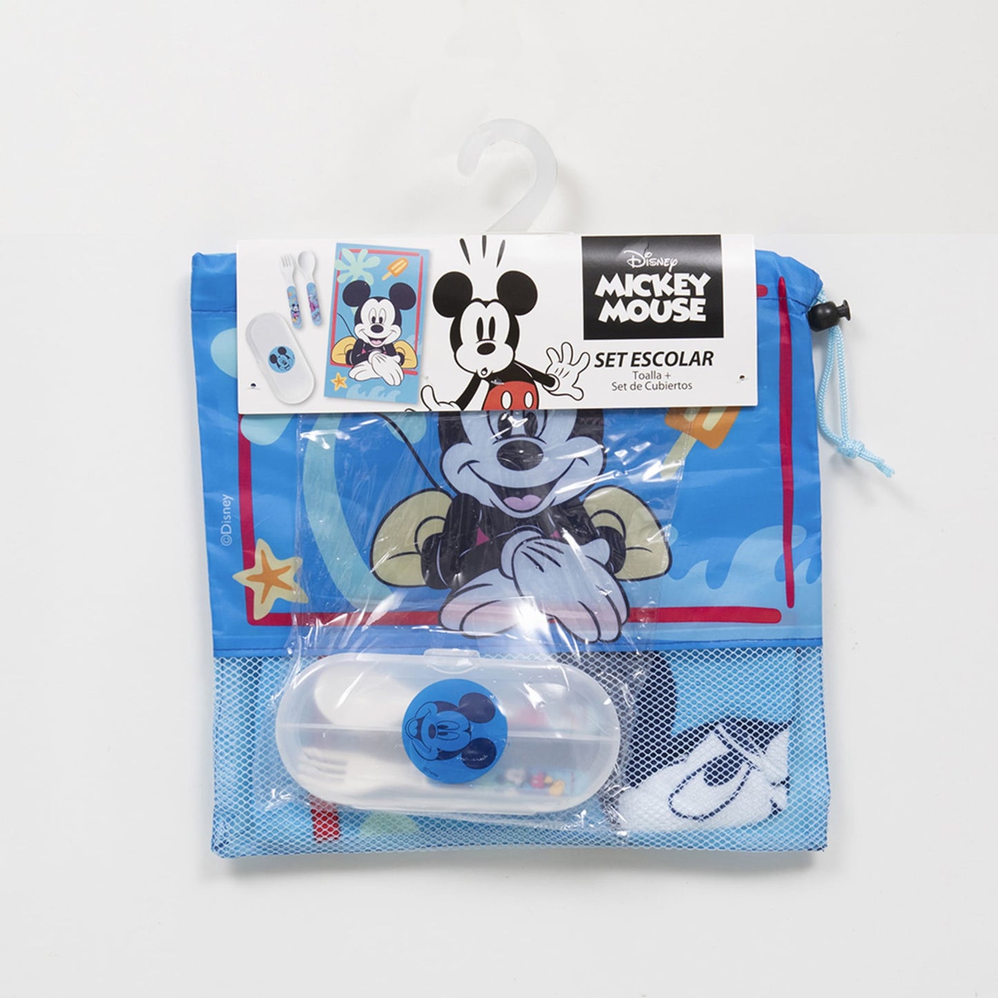 Set Toalla 30x50 cm, Cubiertos y Bolso Mickey Feliz