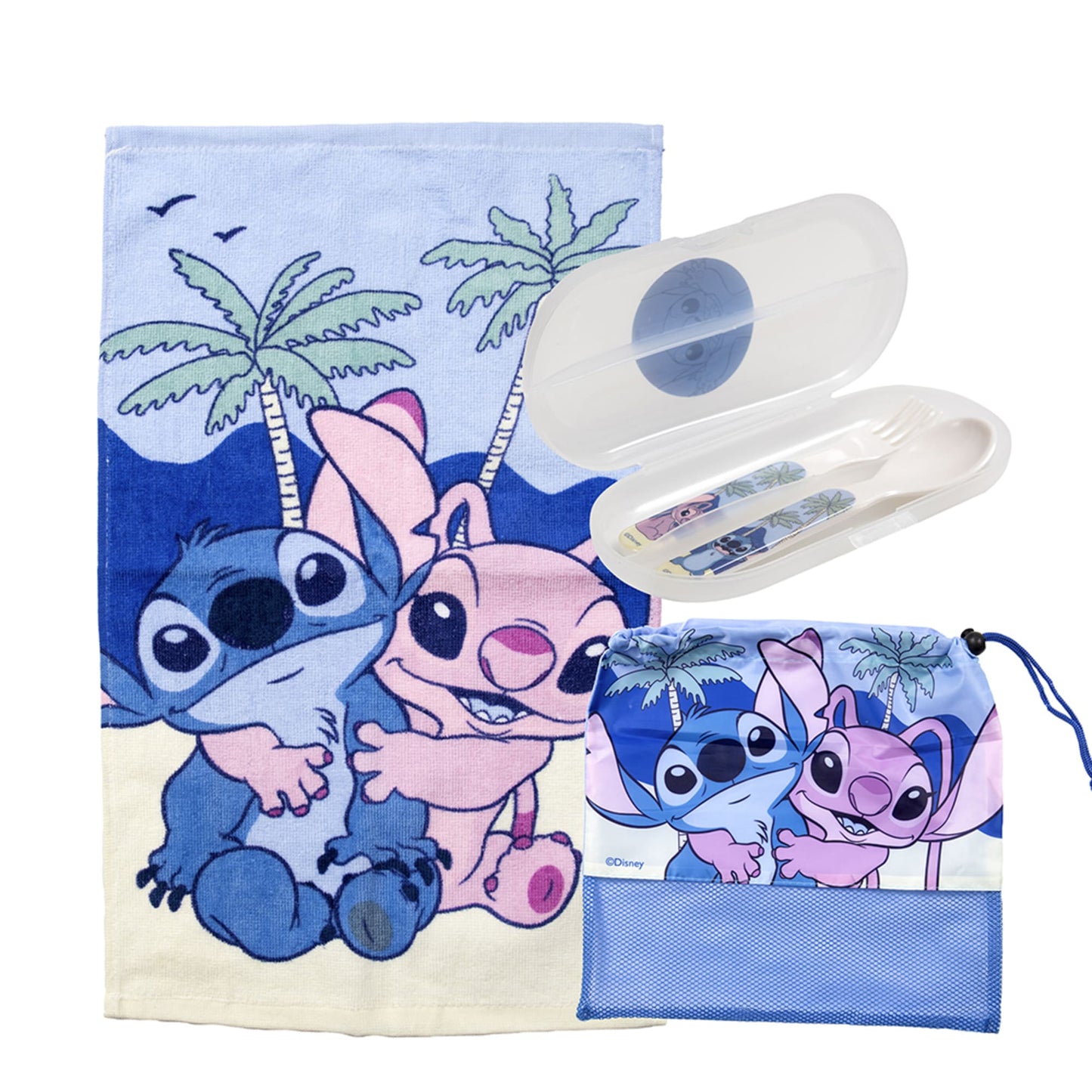 Set Toalla 30x50 cm, Cubiertos y Bolso Stitch Playa