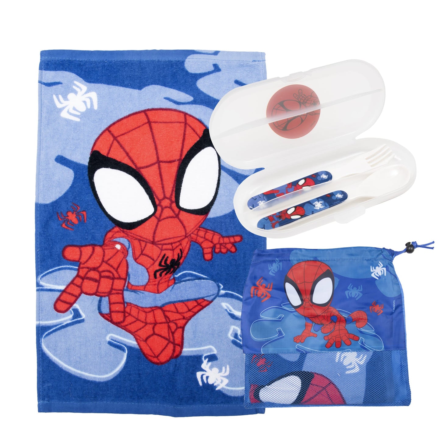 Set Toalla 30x50 cm, Cubiertos y Bolso Spidey Go