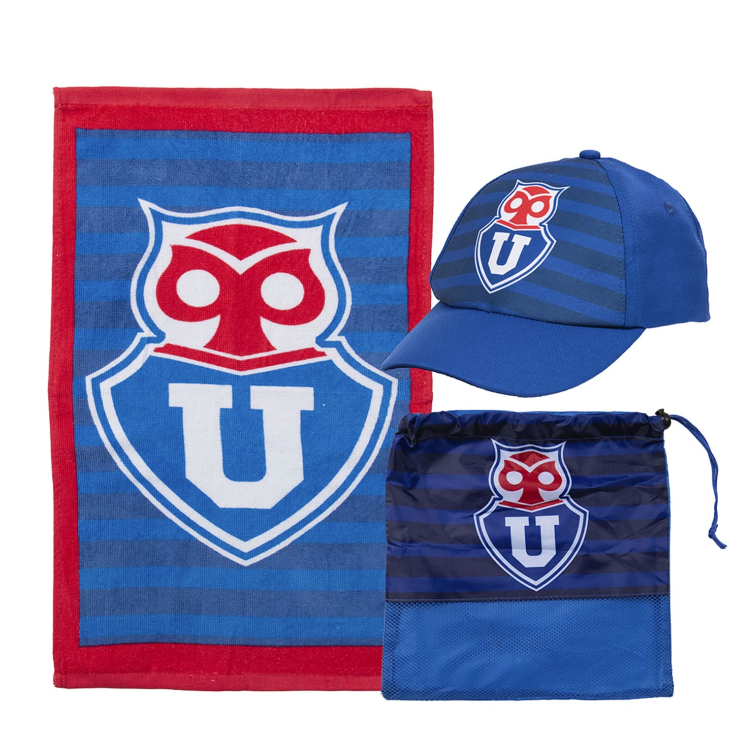 Set Toalla 30x50 cm, Jockey y Bolso U de Chile Azul