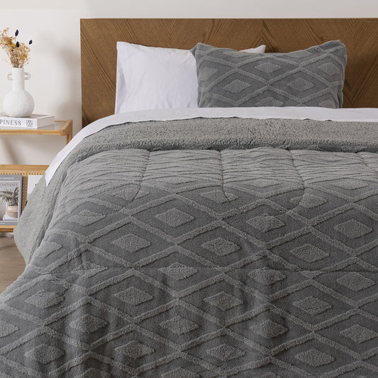 Plumón 1.5 Plazas Sherpa Jacquard Rombo Gris